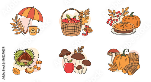 Assorted autumn theme stickers featuring a pumpkin, apple basket, warm socks, and a delicious pie for cozy fall vibes.
