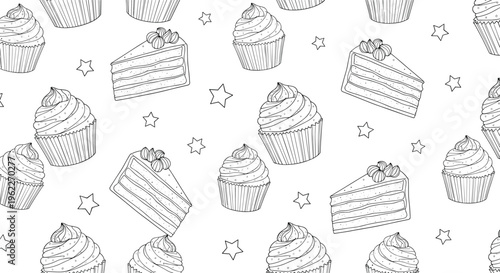 Charming black and white seamless pattern featuring hand drawn cupcakes cake slices and playful little stars.