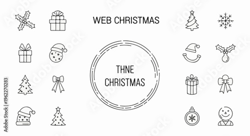 Black and white Christmas icons including gifts, trees, snowflakes, and festive hats