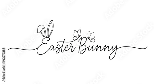 Elegant script lettering of the words easter bunny combined with a single line drawing of rabbit ears and delicate butterflies.