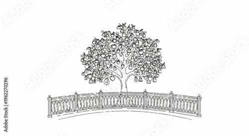 Artistic sketch of a tree laden with hanging objects, above a decorative bridge