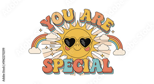 Retro style sun character wearing heart shaped sunglasses with colorful rainbows and clouds alongside the text you are special.