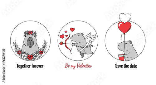 Cute capybara themed Valentine's Day designs featuring a capybara with flowers, as Cupid, and holding a heart shaped balloon.