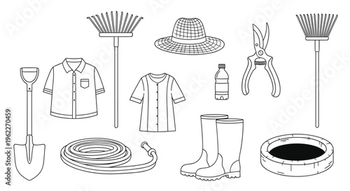 Set of black and white line icons for gardening equipment like shovels, rakes, watering hoses, and protective sun hats.