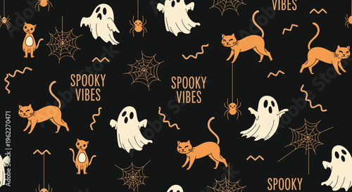 Spooky Halloween seamless pattern with orange cats, white ghosts, spiders, and the phrases spooky vibes and spooky.