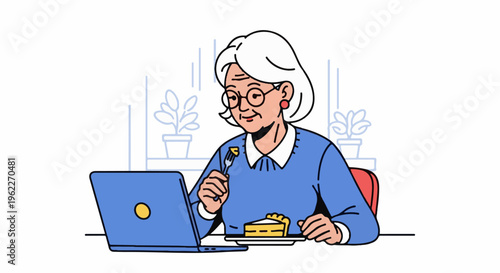 An elderly woman enjoys a slice of cake while using her laptop