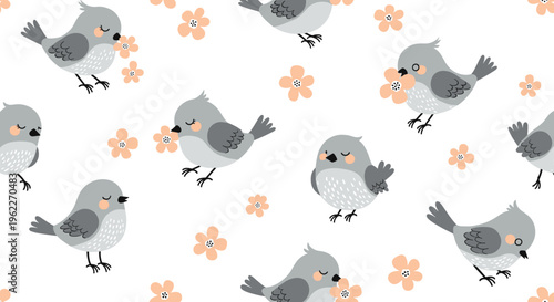 Sweet seamless pattern of little grey birds carrying orange flowers among blooming blossoms on a crisp white background.