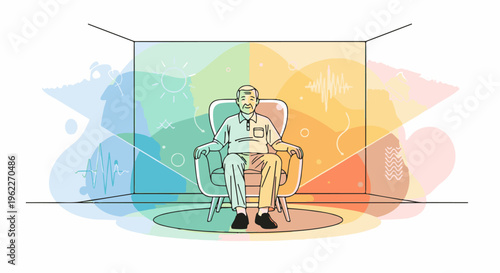 An elderly man sits in a chair against a colorful, abstract background