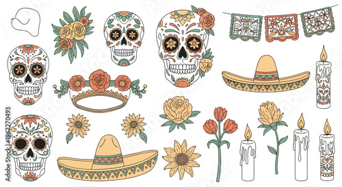 Collection of traditional Day of the Dead elements including decorated sugar skulls, sombreros, marigolds, and white candles.
