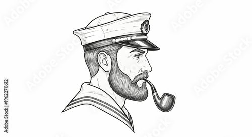 Black and white illustration of a bearded sailor with a captain's hat and pipe