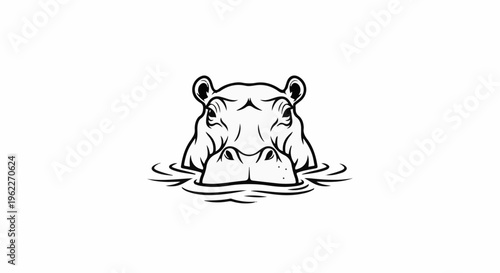 Black and white illustration of a hippopotamus head emerging from water