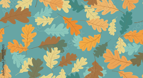 Seamless autumn pattern with colorful oak leaves in various shades of yellow, orange, and green on a dark teal background.