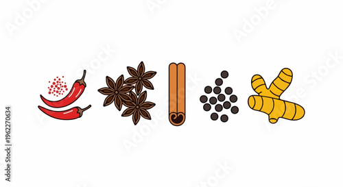 Assortment of colorful spices chili peppers, star anise, cinnamon, peppercorns, ginger