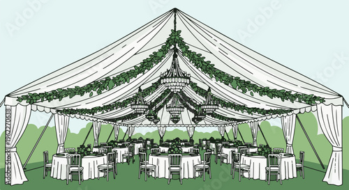 An elegant tented event space with tables, chairs, and chandeliers