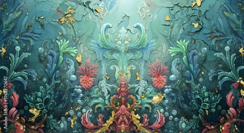 Surreal fantasy underwater pattern with coral flora and gold leaf texture