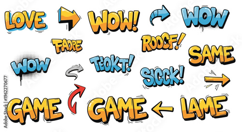 Large collection of comic book style speech bubbles and words with dynamic arrows and halftone effects for graphic design.
