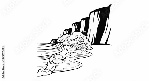 Black and white illustration of a large wave crashing against a rocky cliff face