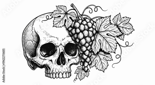 Black and white illustration of a human skull intertwined with grape vines and leaves