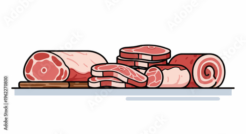 Assortment of raw meat cuts displayed on a wooden board