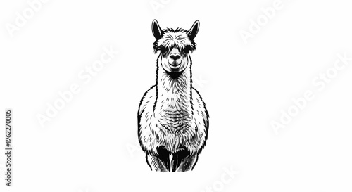 Black and white illustration of a llama facing forward with fluffy wool