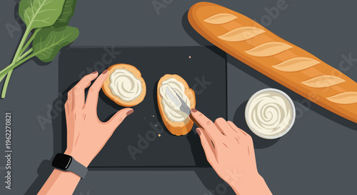 Hands spreading creamy cheese on toasted baguette slices for a delicious appetizer or healthy breakfast meal preparation.