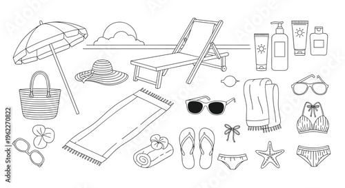 Collection of beach vacation essentials line art icons featuring an umbrella lounge chair sun hat and various summer accessories.