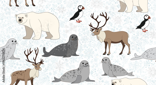 Seamless pattern with various Arctic and Antarctic animals like polar bears, seals, and reindeer for nature education decor.