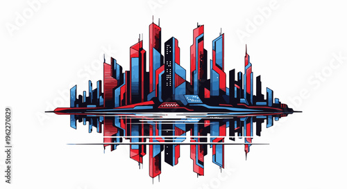 Abstract futuristic city skyline with sharp geometric shapes and reflections