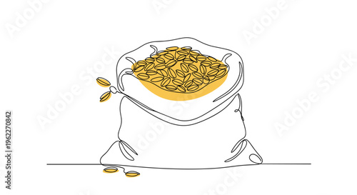 Simple one line drawing of an open burlap sack filled with grains or coffee beans representing agriculture and food.