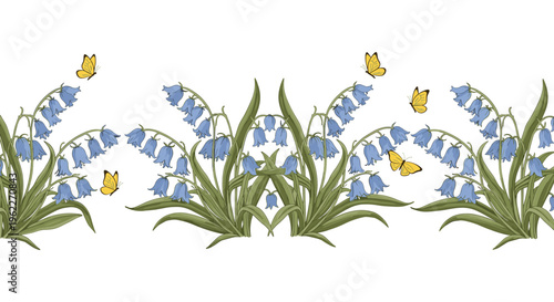 Beautiful horizontal border design featuring bluebell flowers and yellow butterflies on a clean white background.
