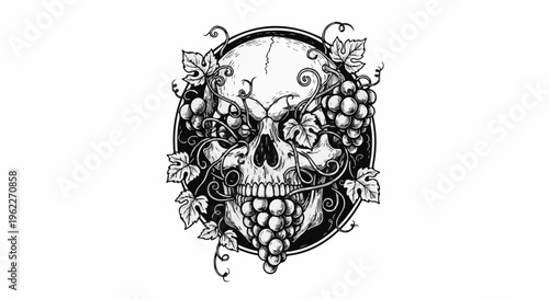 Black and white illustration of a skull adorned with grapes and vines