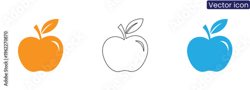 Vector icons of apples in orange, black outline, and blue on a clean white background, ideal for healthy eating, food, and nutrition themes