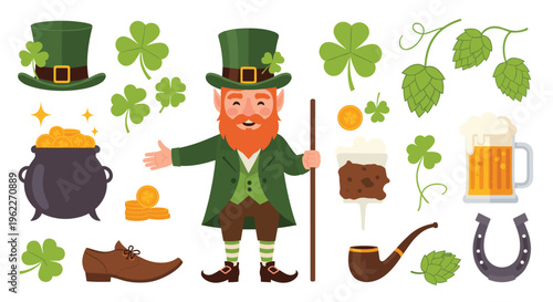 Festive collection of saint patricks day elements featuring a leprechaun pot of gold clovers and traditional irish symbols.