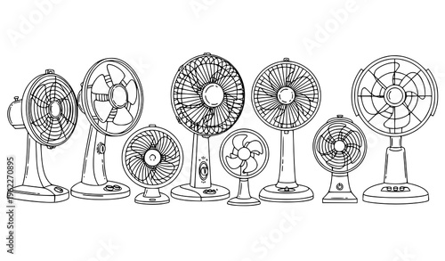 Electric desk fan line art set with multiple household appliance styles outline vector isolated on white