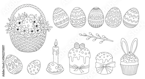 Collection of easter holiday line art illustrations featuring decorated eggs traditional cakes and a basket full of flowers.