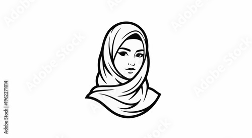 Black and white illustration of a woman wearing a hijab