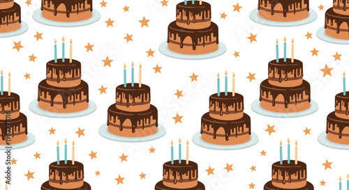 Celebration themed seamless pattern featuring tiered chocolate birthday cakes with candles and glowing golden stars.