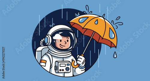 Astronaut in a spacesuit holding an orange umbrella in the rain