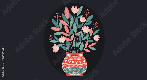Vibrant bouquet of pink flowers in a decorative ceramic vase presented on a dark oval background for elegant decor.