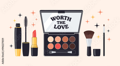 Stylish collection of makeup products including lipstick mascara and eyeshadow palette with an empowering message.