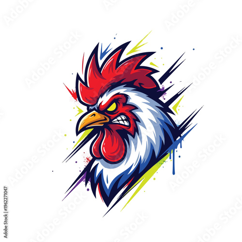 A vibrant illustration of an angry rooster mascot for esport teams, featuring bold lines and dynamic brushstrokes in a colorful, abstract background