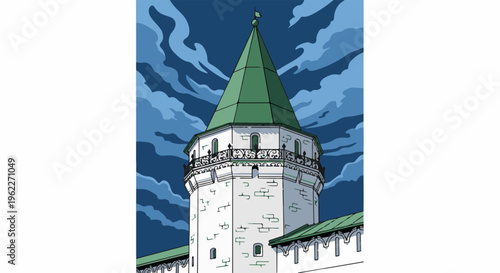 An octagonal white tower with green roof stands against a stormy blue sky