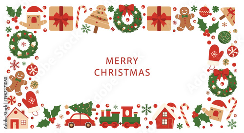 Festive merry christmas greeting card with a colorful border of holiday icons like gingerbread men wreaths and gifts.