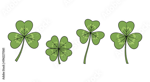 Set of four vibrant green clovers including three leaf and four leaf shamrocks for luck and saint patricks day themes.
