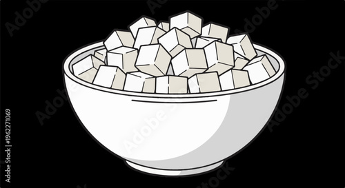 A white bowl filled with many white sugar cubes piled high