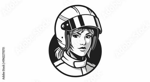 Black and white illustration of a woman wearing a racing helmet
