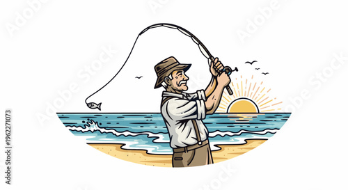 An old man fishes on the beach as the sun sets over the ocean