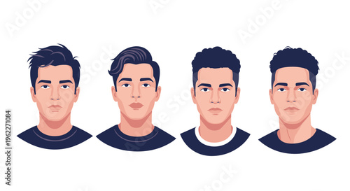 Male character design illustration showing four different trendy hairstyles on a single man for fashion concepts.