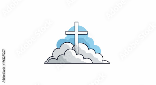 A white cross emerges from stylized clouds against a white background