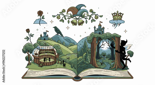 An open book reveals a magical world of castles, fairies, and nature